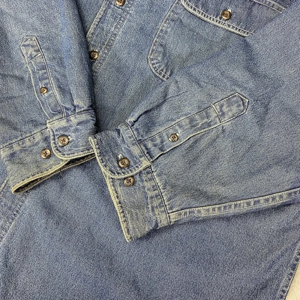 Vtg Stanley Denim Shirt Jacket Mens Sz XXL Blue Plaid Fleece Lined Work Thrashed